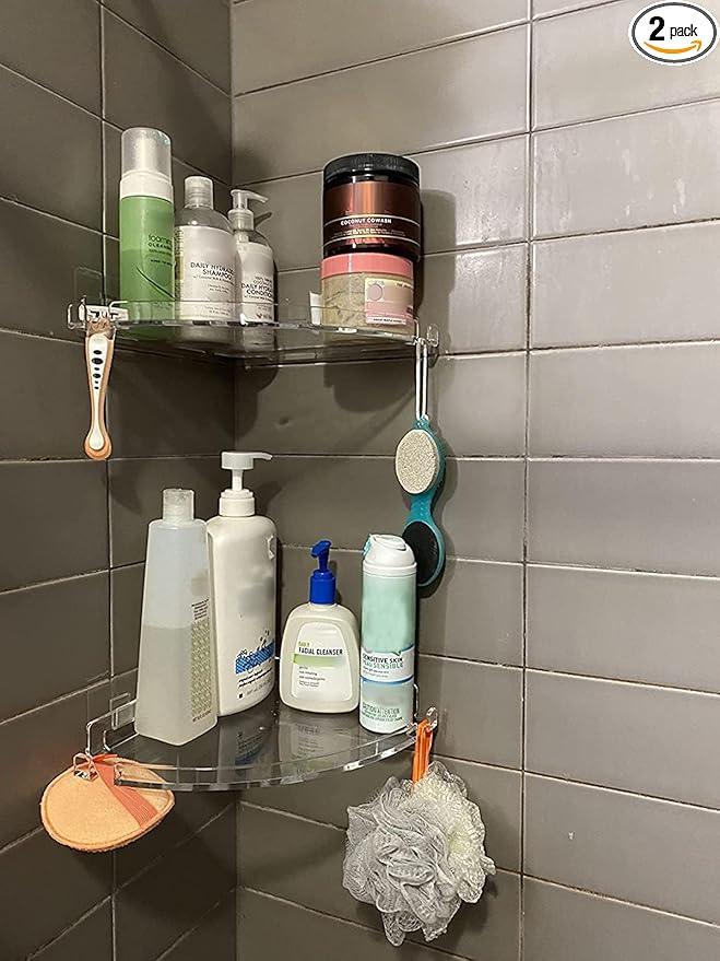 JiePai Acrylic Corner Shower Caddy Shelf with Hooks 2 Pack, Adhesive Wall Mounted Bathroom Shower Organizer for Inside Shower & Kitchen Storage, Space-Saving Design - ModernBath