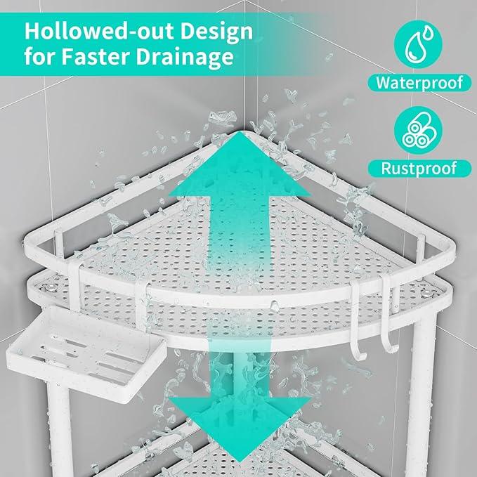 HapiRm Standing Corner Shower Caddy - 4 Tier Shower Organizer Corner with Soap Holder and 4 Hooks, Rustproof Bathroom Storage Shelves with Adhesives, White - ModernBath
