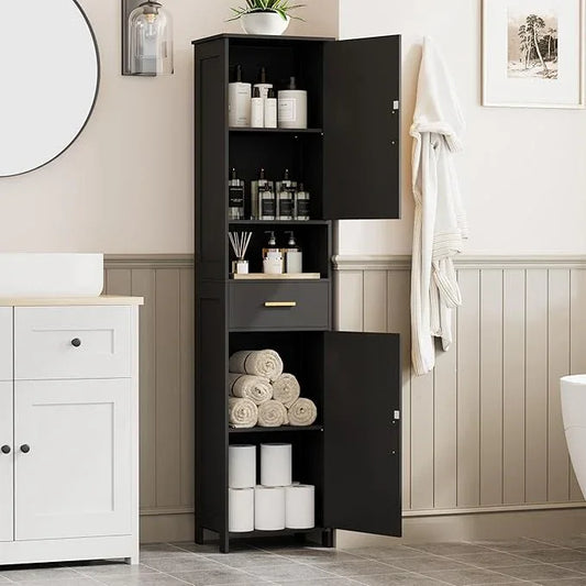 Homhedy 67"H Tall Bathroom Storage Cabinet with Rattan Decorated Door and Drawer, Narrow Storage Unit, Adjustable Shelves, Floor Cabinet for Bathroom, Living Room, Kitchen, Black and Natural, (15.7"W) - ModernBath