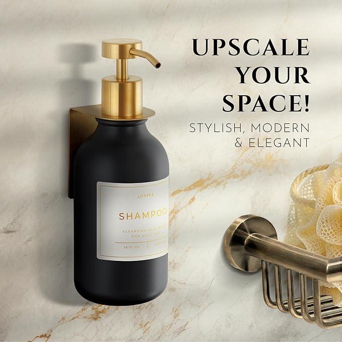 Shampoo & Conditioner Dispenser - Shower Soap Dispenser Wall Mounted - 16.9 Oz Plastic Bottle with Pump & Holder - Shampoo Dispenser - Shower Dispenser Chamber No Drill (1 X Black/Gold) - ModernBath