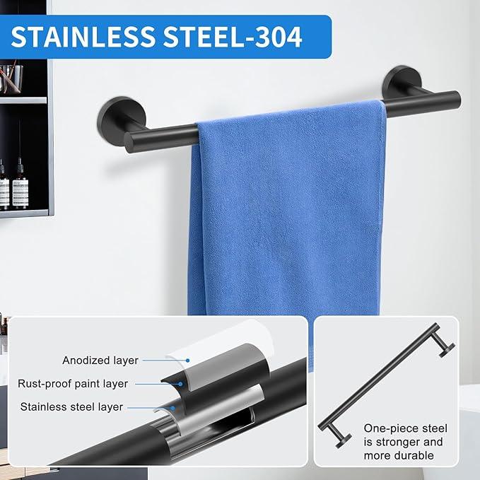 Matte Black Bathroom Accessories, Towel Bar Set 5 Pieces, SUS304 Stainless Steel Bathroom Hardware Set, 16 Inch Towel Bar for Bathroom Wall, Toilet PaperHolder and Towel Holder Set - ModernBath