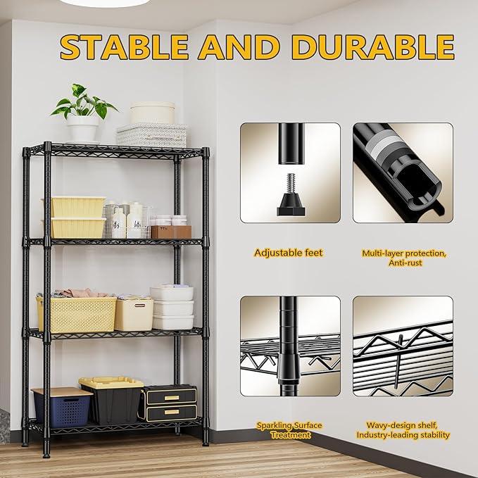 1000 lbs 4 Tier Shelf Metal Storage Shelves Shelving Wire Rack Heavy Duty Closet Organizers for Garage Kitchen Bathroom Laundry Black 13.8" D x 35.4" W x 59.5" H - ModernBath