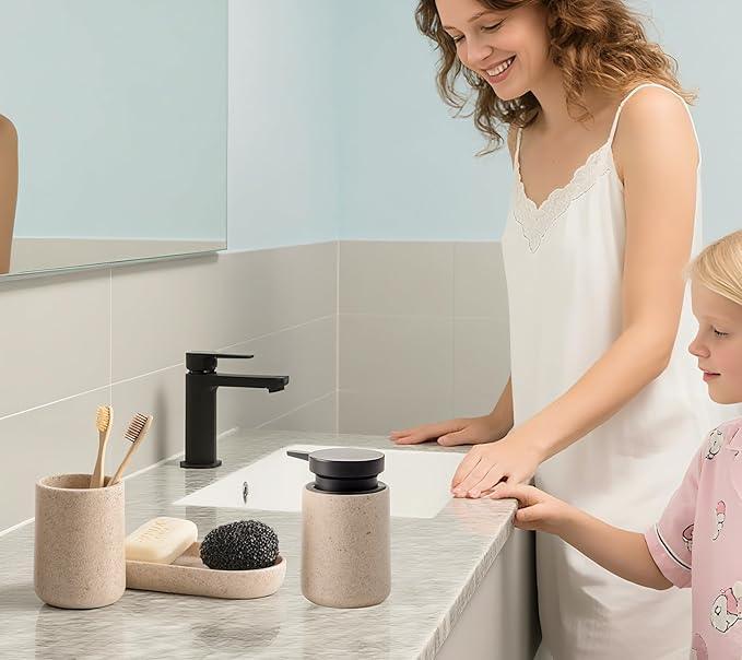 Clasin Home 3 Pcs Bathroom Accessories Set, Liquid Soap Dispenser with Large Pump, Toothbrush Holder Cup and Soap Dish, Sandstone Texture Bathroom Counter Set for Modern Home (Beige) - ModernBath