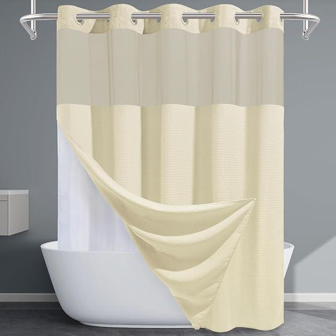 EUTXL Ivory Hotel Shower Curtain with Detachable Liner - 230GSM Waffle Textured,Hotel Grade,Spa Like Bath Curtain,71W x 74H - ModernBath