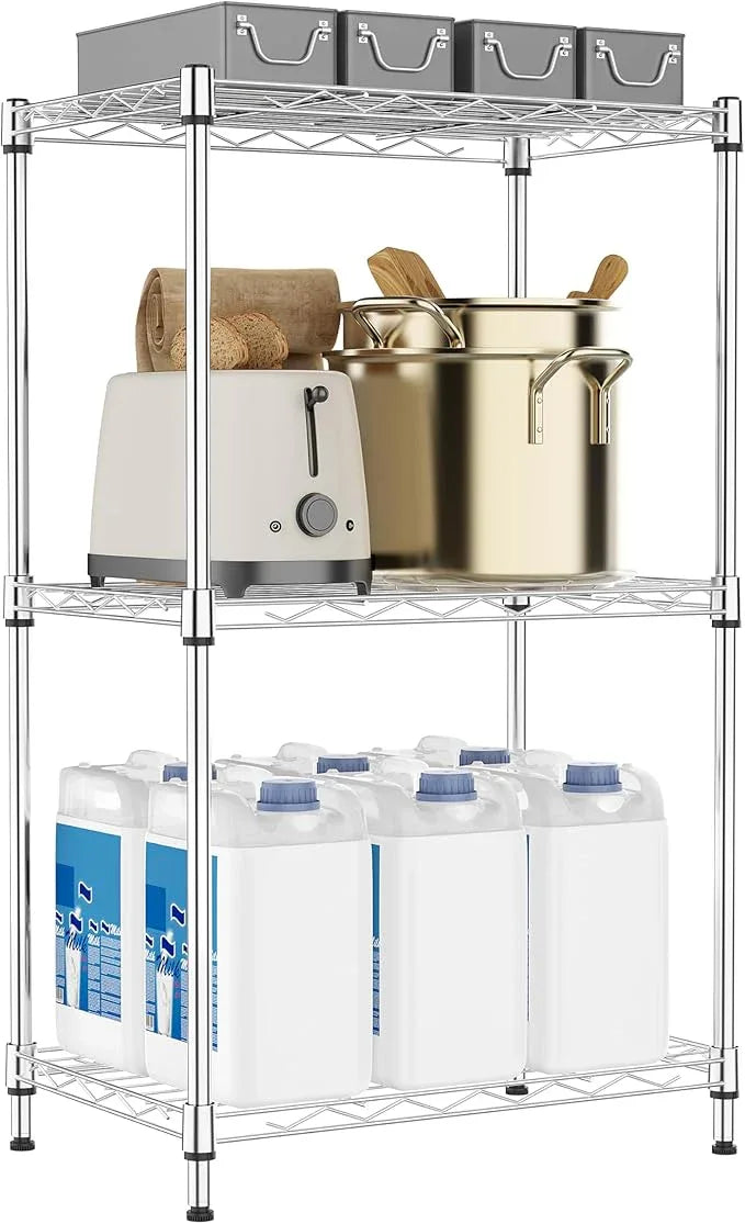 3 Tiers Shelf Metal Storage Shelves Wire Rack Closet Organizers with Wheel for Garage Kitchen Bathroom Laundry Chrome 11.8" D x 17.7" W x 28.8" H - ModernBath