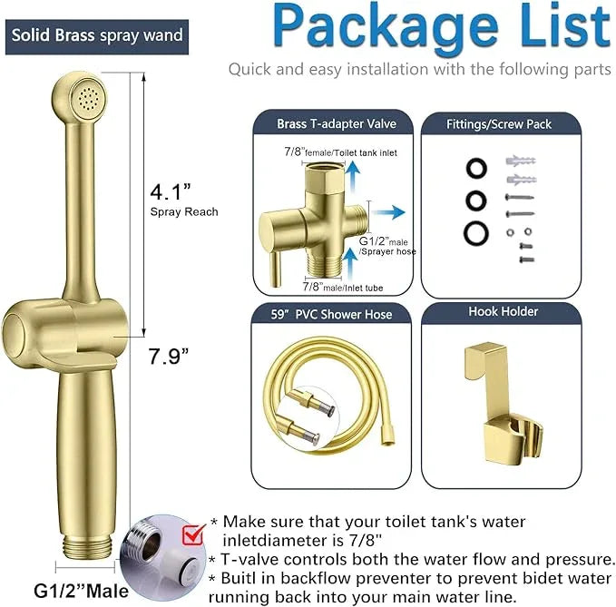 SonTiy Handheld Bidet Toilet Sprayer, Brass Cloth Diaper Sprayer Hand Held Bidet Attachment Jet Spray for Toilet with Backflow Preventer, 59" PVC Shower Hose and Shut Off Valve, Brushed Gold - ModernBath