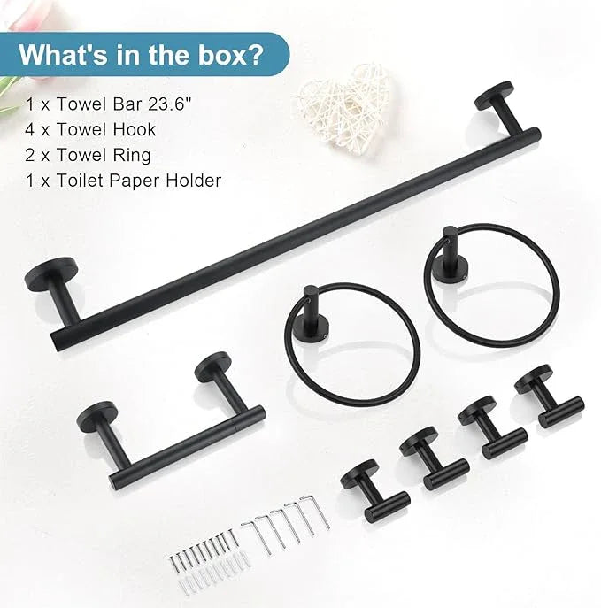 TQKAG 8-Pieces Bathroom Hardware Set Matte Black SUS304 Stainless Steel Bath Towel Bar Set 23.6 Inch Round Bathroom Accessories Kit Wall Mounted - ModernBath