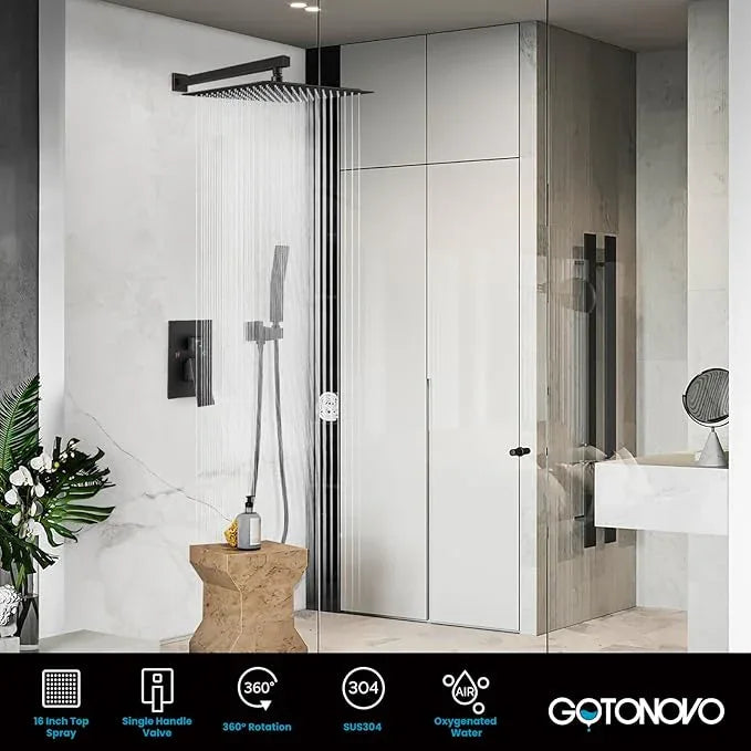 gotonovo Rainfall Bathroom Shower System Rain Shower Head and Handle Set Wall Mounted Shower Complete Combo Solid Brass Pressure Balancing Shower Mixer Valve 16 Inch Oil Rubbed Bronze - ModernBath