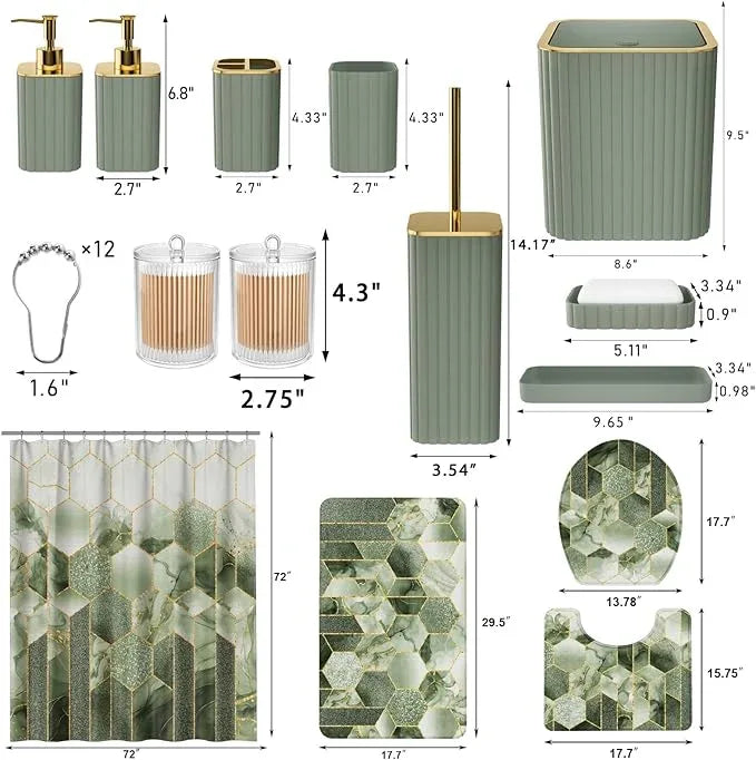 XLHOMO Bathroom Set - 26PC Bathroom Set with Shower Curtain and Rugs, Bathroom Accessory Set, Sage Green Bathroom Accessories Set, Trash Can & Soap Dispenser - ModernBath