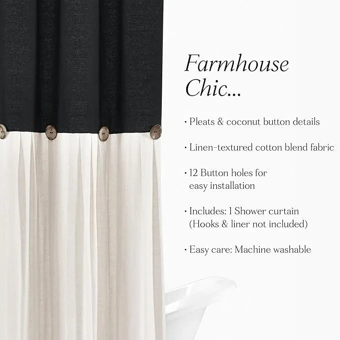 Lush Decor Linen Button Shower Curtain, 72" W x 72" L, Black & Off White - Black Shower Curtain Fabric - Bathroom Curtain - Farmhouse Bathroom Decor - ModernBath