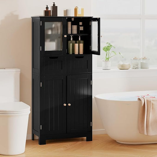Tangkula Bathroom Storage Cabinet, Floor Cabinet w/2 Double Doors Cabinet, 3-Position Adjustable Shelves, Glass Doors Storage Organizer for Bathroom Living Room Kitchen (Cabinets & Drawers, Black)