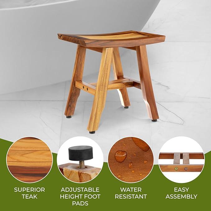 EcoDecors® Satori® 14" Solid Teak Shower Bench, Water-Resistant Bath Stool with Adjustable Feet, EarthyTeak Finish, Indoor/Outdoor Use - ModernBath