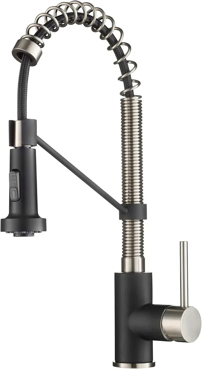 KRAUS Bolden 18-Inch Single Handle Spot Free Stainless Steel/Matte Black Commercial Style Pull-Down Kitchen Faucet with Dual Function Sprayer, KPF-1610SFSMB (Pack of 1) - ModernBath