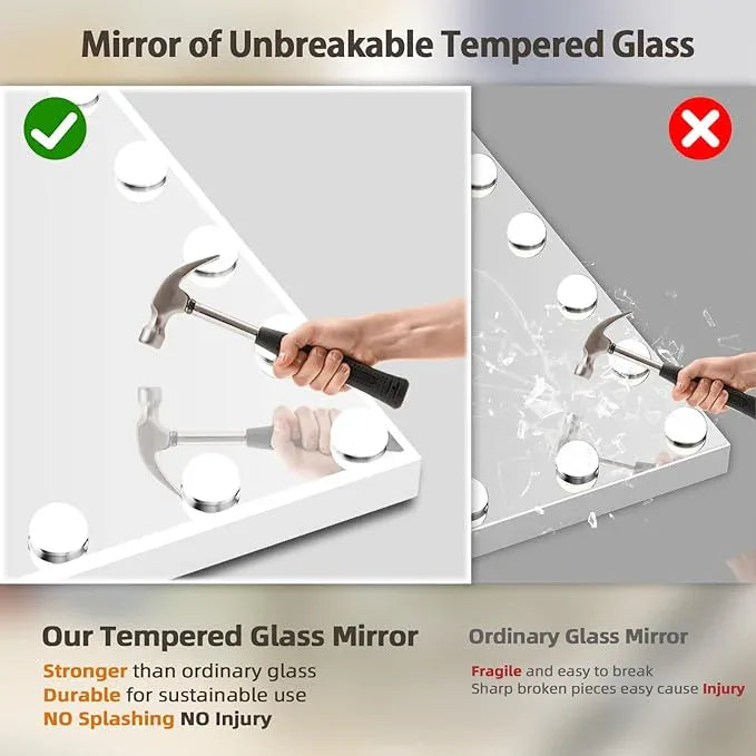 FENCHILIN Vanity Mirror with Lights 32''x23'' Tempered Glass Large Hollywood Mirror with 18 Dimmable Bulbs for Makeup Table/Hanging Bluetooth Speaker Mirror with Touch Screen & USB Charge Port - ModernBath