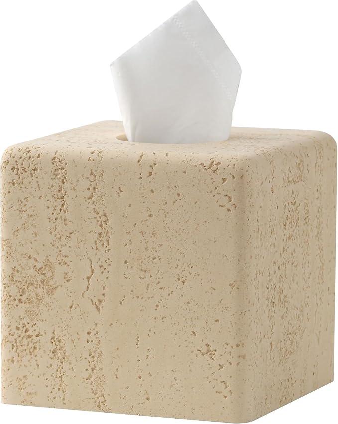 Haocoott Tissue Box Cover Square, Resin Facial Tissue Holder Covers Toilet Paper Holder Decorative Travertine Paper Dispenser Home Decor for Bathroom Bedroom Living Room Office (Square Yellow) - ModernBath