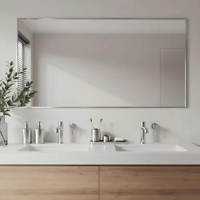 Bonverre 20x40 Inch Nickel Bathroom Mirror for Wall, Aluminum Frame Rectangle Rectangular Vanity Mirror, Modern Large for Bedroom, Living Room, Horizontal or Vertical - ModernBath