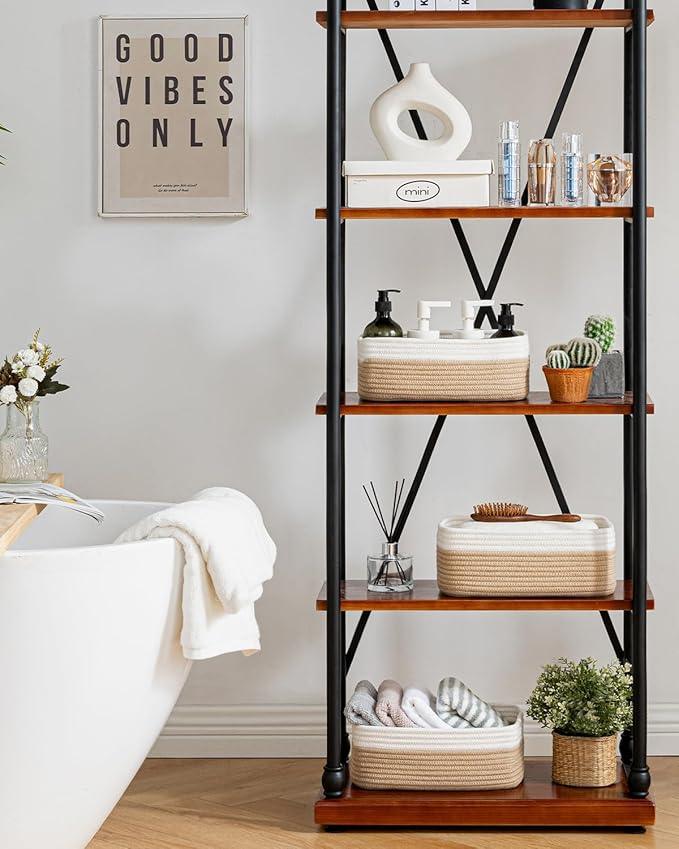 Small Woven Basket, 12 x 8 x 4.5 Inches, Storage Basket for Organizing, Cute Small Rope Shelf Closet Cube Storage Bins Baskets for Shelves, Dog Toy Gift Baskets Empty, 3 Pack White & Brown - ModernBath