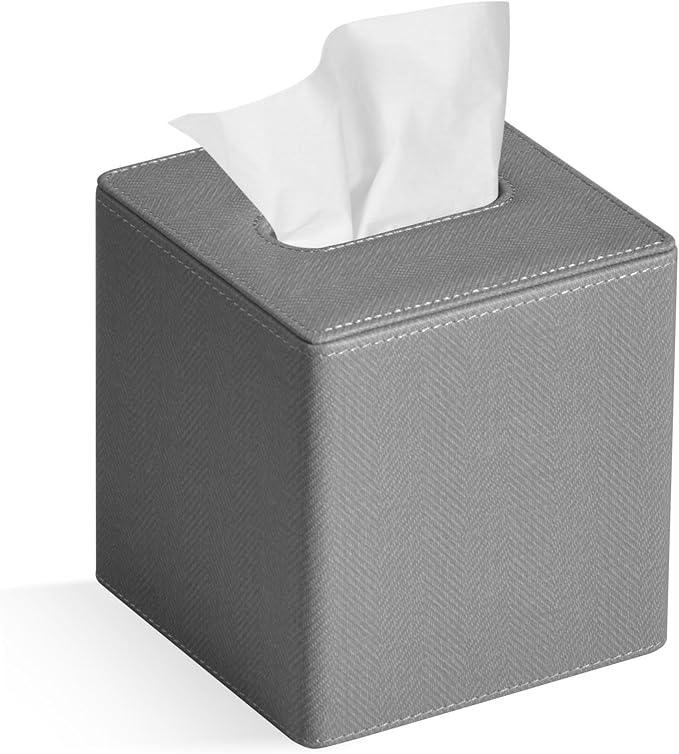 GOLRANLYE Tissue Box Cover Square PU Leather Facial Tissue Box Holder for Dresser Bathroom Decor (Linen Grey) - ModernBath