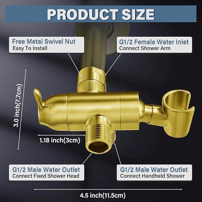 Metal Shower Arm Diverter with Handheld Mount, G1/2" 3-Way Shower Diverter Valve Bathroom Universal Showering System Replacement for Handheld Wand and Fixed Sprayer, Brushed Gold - ModernBath