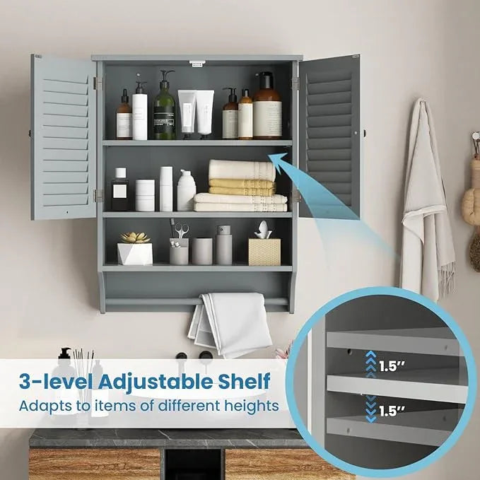 Giantex Medicine Cabinet with 2 Louvered Doors, 3-Position Adjustable Shelf, Towel Bar, Wall Mounted Bathroom Cabinet Above Toilet, Over The Toilet Space Saver (Grey) - ModernBath