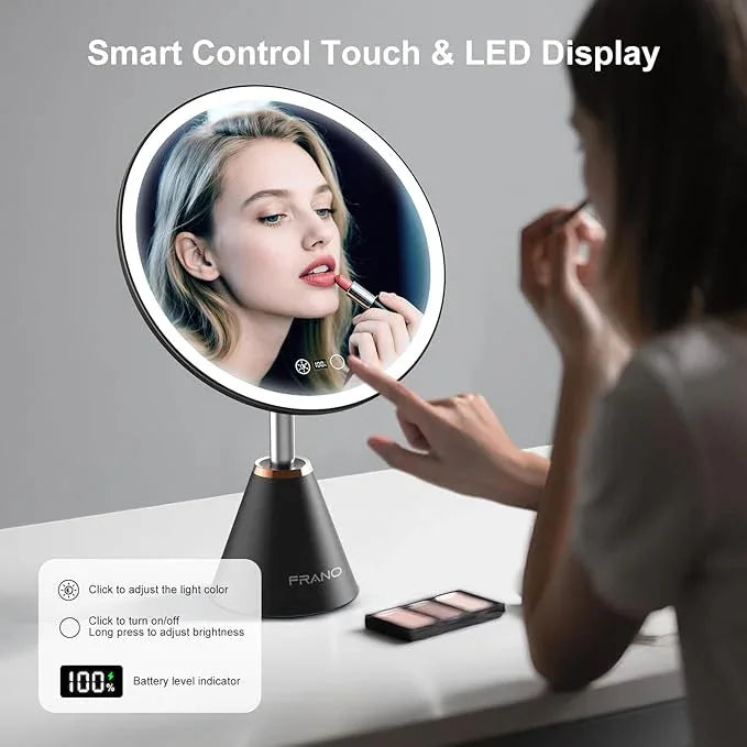 FRANO 10.5" Professional Makeup Mirror with Lights, Rechargeable HD Vanity Mirror, CRI≥98 True-Sunlight, 3 Color Modes & Stepless Dimming, 5000mAh Battery, Ideal Gift for Women - ModernBath