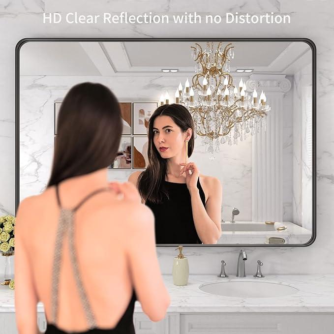LOAAO 48X32 Inch Black Metal Framed Bathroom Mirror for Wall, Matte Black Bathroom Vanity Mirror Farmhouse, Large Rounded Rectangle Mirror, Anti-Rust, Tempered Glass, Hangs Horizontally or Vertically - ModernBath