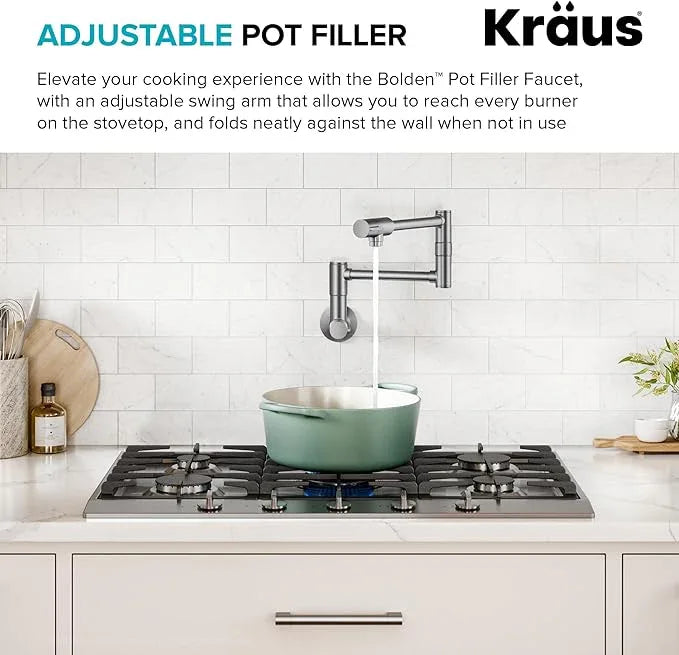 KRAUS Bolden 2 Handle Pot Filler Faucet with Retractable Arm, Wall Mount Kitchen Faucet, Pot Filler for Over Stove in Spot-Free Stainless Steel, KPF-5003SFS - ModernBath