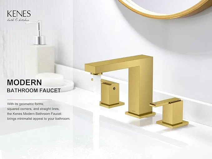 KENES Brushed Gold Widespread Bathroom Faucet 3 Hole Bathroom Sink Faucet Gold Two Handle, 8-Inch 3 Pieces Bathroom Vanity Faucet with Pop Up Drain & Supply Lines, KE-9050-4-P - ModernBath