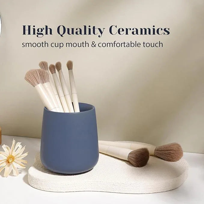 INGOFIN 3 Pcs Ceramic Bathroom Accessory Set - Liquid Soap Dispenser, Toothbrush Holder & Tray, Bathroom Counter Set, Countertop Essentials for Home, Guest Bathroom, or Office Use, Matte Blue - ModernBath
