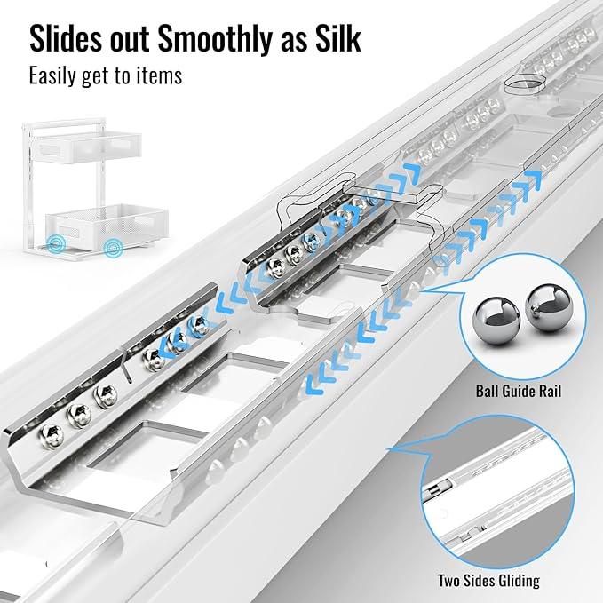 Full Metal Under Sink Organizer, Pull Out Cabinet Organizers and Storage, Silk-Smooth Sliding Drawer for Kitchen, Bathroom, Pantry, Cabinet, Closet (White, 2 Pack) - ModernBath