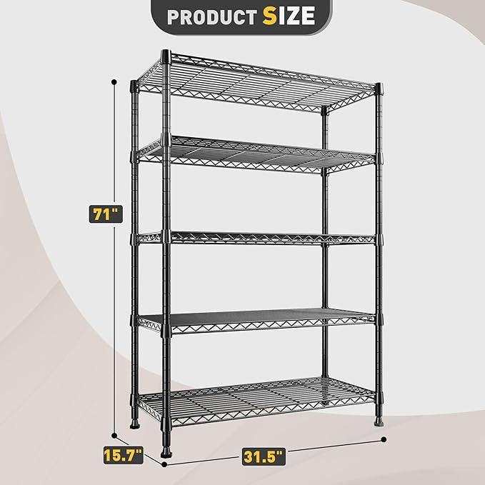 REIBII Storage Shelves, 5-Tire Wire Shelving Load 1000LBS Metal Shelves for Storage Adjustable Garage Shelving Unit Wire Shelf Rack Kitchen Storage Rack Pantry Shelves 31.5''W x 15.7'' D x 71''H - ModernBath