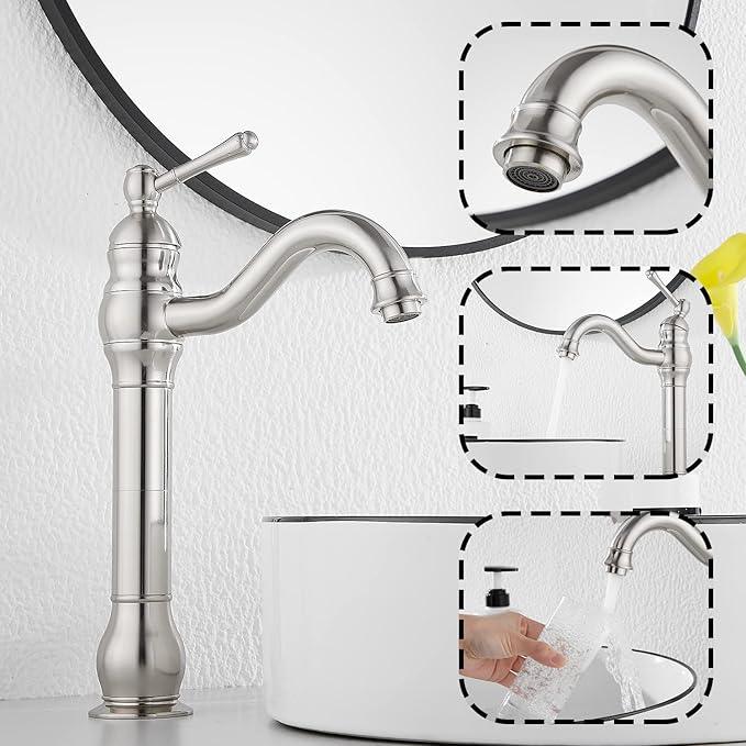 GGStudy 360° Swivel Single Handle One Hole Bathroom Vessel Sink Faucet Matching Pop Up Drain Without Overflow Brushed Nickel - ModernBath