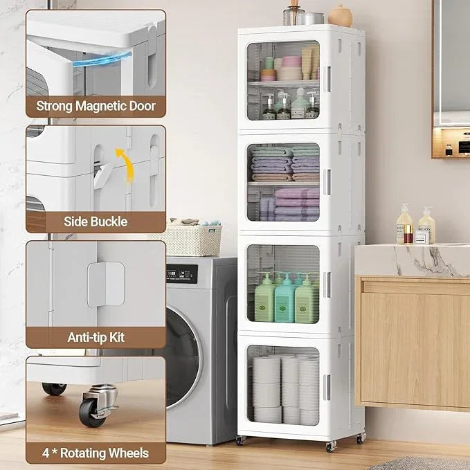 BROVIEW 3-Tier Tall Narrow Storage Cabinet 14.6” Wide, Slim Bathroom Cabinets with Adjustable Shelves and Doors, Plastic Kitchen Pantry Organizers and Storages for Small Space, Laundry, White - ModernBath
