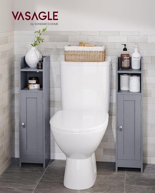 VASAGLE Small Storage Corner Floor Cabinet with Door, 7.9 x 7.1 x 31.5 Inches, Narrow Toilet Paper Storage Holder, Adjustable Shelves, for Bathroom, Living Room, Small Spaces, Dove Gray UBBC310P36 - ModernBath