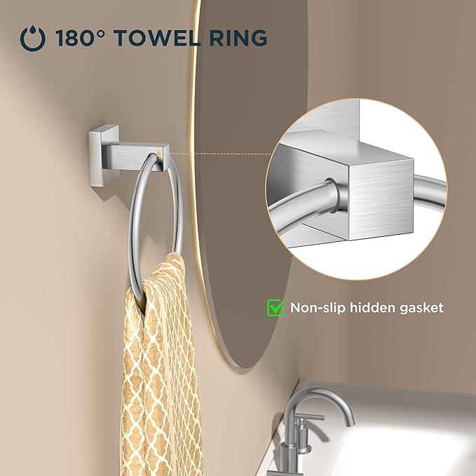FORIOUS Toilet Paper Holder and Hand Towel Ring Set, SUS 304 Stainless Steel Double Post Pivoting Tissue Roll Holder Wall Mount, Modern Bathroom Hardware Accessories Set, Brushed Nickel - ModernBath