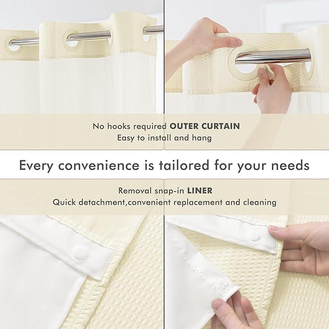 Mrs Awesome No Hook Shower Curtain with Snap-in Liner Less Time On/Off, Embossed Waffle-Look Textured Fabric Shower Curtain for Bathroom, Soft & Lightweight, 71x74, Cream - ModernBath