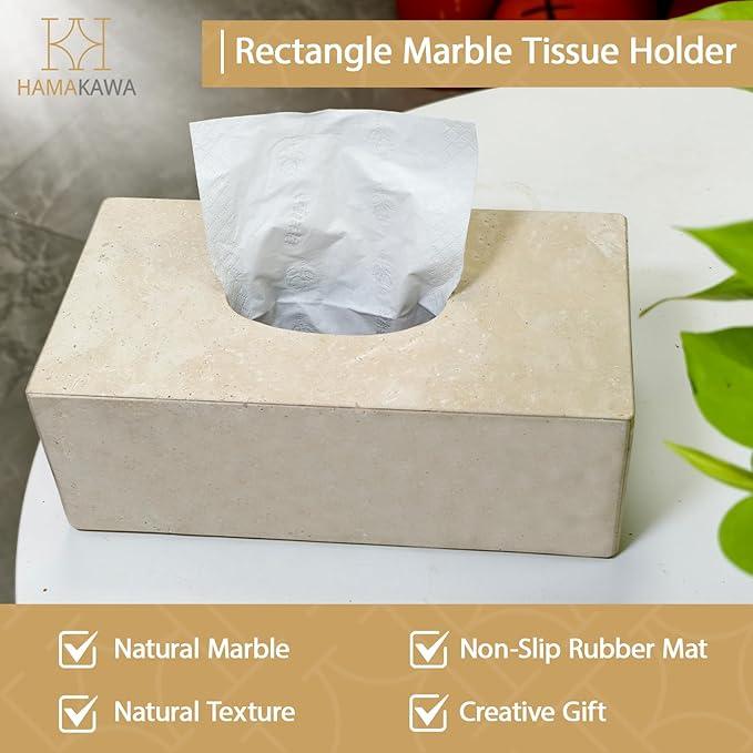 HAMAKAWA Natural Marble Tissue Box Cover, Beige Tissue Organizer L 10 x W 5.5 x H 3.5 Inch, Heavy Stone Decorative Box, Square Tissue Box Holder for Home Decor, Kitchen, Bathroom - ModernBath