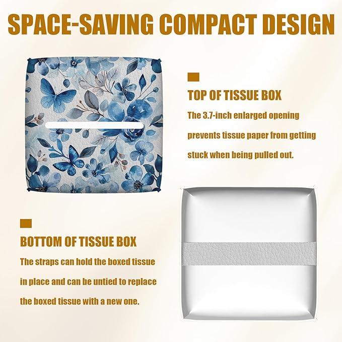 Blue Flower Tissue Box Cover 2PCS, Leather Tissue Box Holder Square Facial Paper Case Tissue Box Cube Organizer for Bathroom Bedroom Desk Office - ModernBath