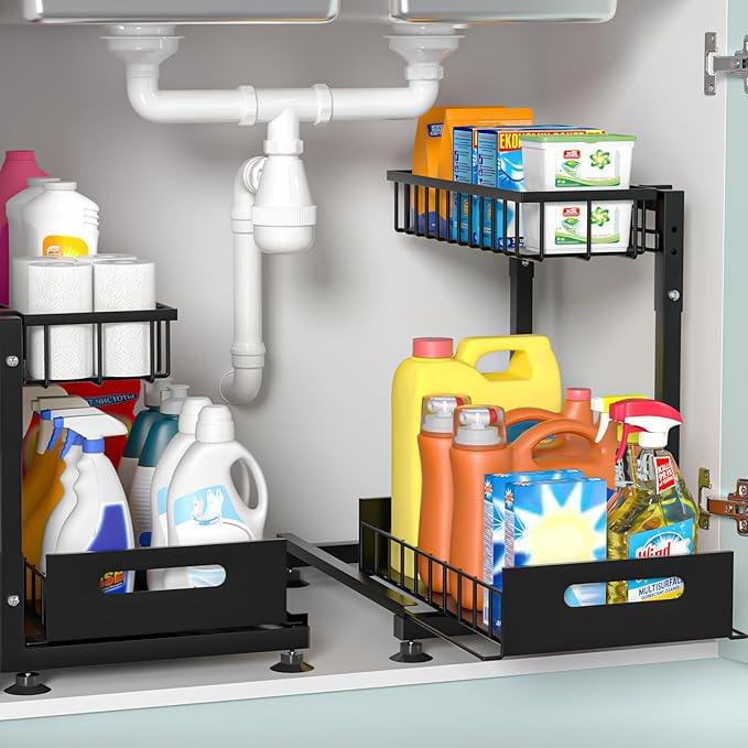 Under Sink Organizer for Kitchen and Bathroom, 2 Pack 2 Tier Pull Out Storage Rack - Height Adjustable Heavy Duty Metal Basket with High Capacity & Safety Stopper, Rustproof for Cleaning Supplies - ModernBath