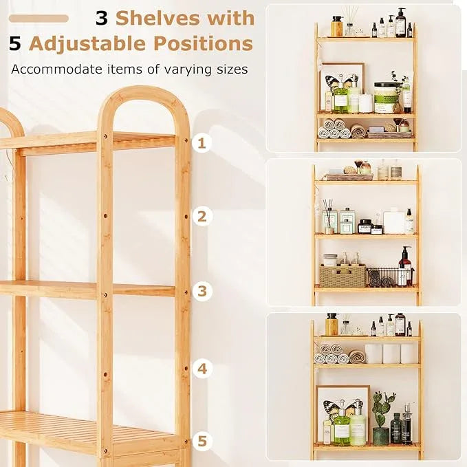 Giantex Over The Toilet Storage Cabinet, 3-Tier Bamboo Bathroom Shelves Over Toilet w/3 Hooks, Adjustable Shelves & Waterproof Feet Pad, Over Toilet Bathroom Organizer for Laundry, Balcony, Restroom - ModernBath
