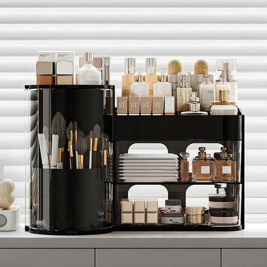 Makeup Organizer with Rotating Brush Holder Cosmetic Organizer with Drawers Countertop Skincare Organizer for Vanity,Cosmetic Display Case Storage (Black, Large) - ModernBath