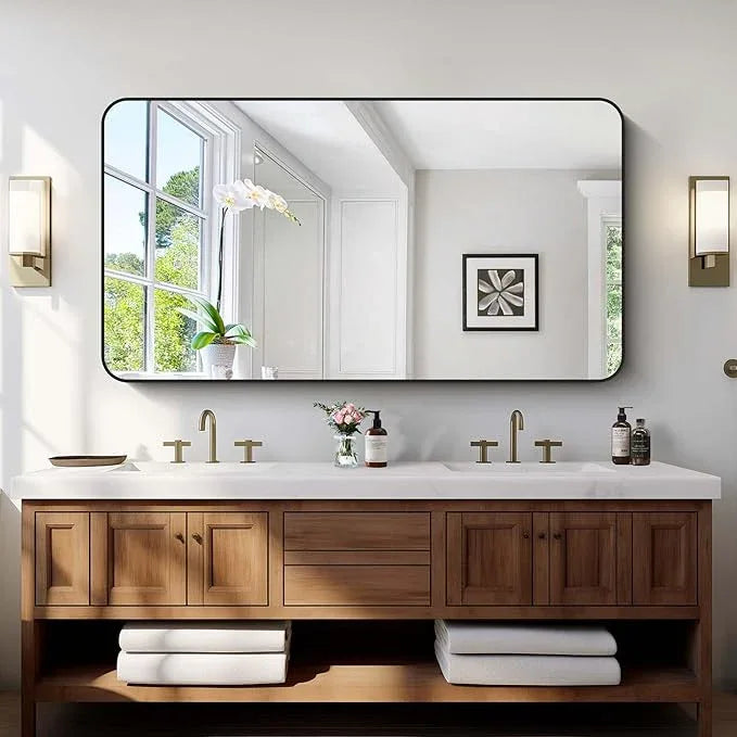 CIVENO Bathroom Mirror, 30"x55" Black Rectangle Wall Mirror, Metal Frame Rounded Corner Vanity Mirror, Large Wall Mounted Mirror for Modern Bedroom Living Room Horizontal Or Vertical Mounting - ModernBath