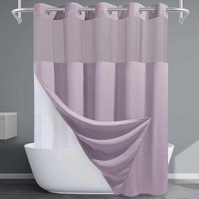 EUTXL Lavender Long No Hook Shower Curtain with Snap in Liner,230GSM Waffle Weave Shower Curtains for Bathroom,71W x 86H - ModernBath