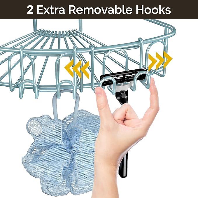 Orimade Corner Shower Caddy with 2 Hooks Wall Mounted Metal Bathroom Shelf Storage Organizer Adhesive No Drilling 2 Pack, Blue Only for 90-Degree Corner - ModernBath