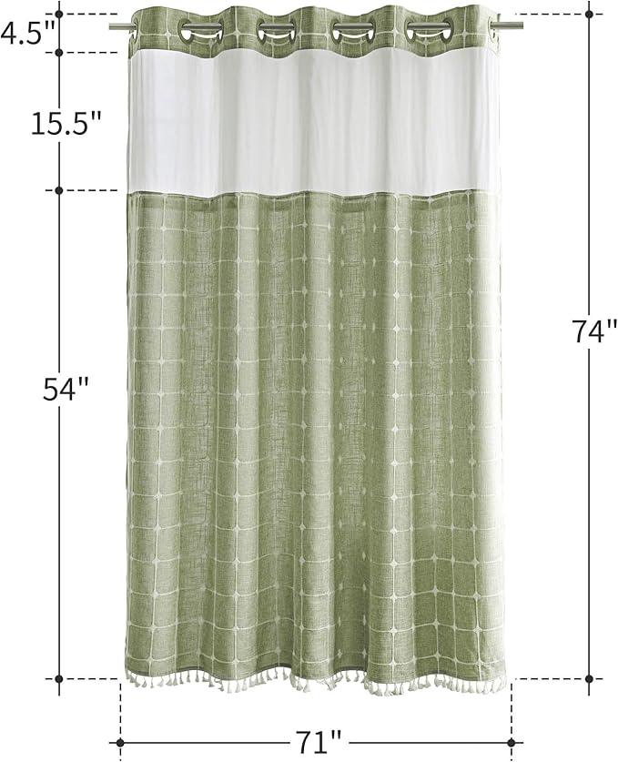 River Dream Sage Green Farmhouse Shower Curtain with Snap-in Liner, No Hooks Needed,with Window, with Magnets,with Tassels,Water Repellent&Machine Washable,71x74Inch - ModernBath