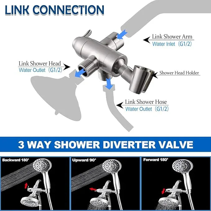 Shower Arm Diverter with Handshower Mount, G1/2 Brass Shower Diverter Valve Bathroom Universal Shower System Replacement for Handheld Shower and Fixed Shower Head, Brushed Nickel - ModernBath