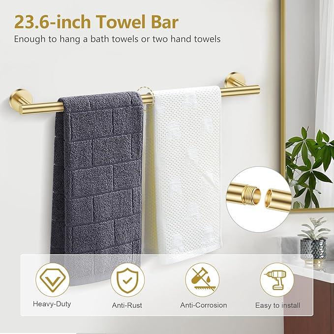 TQKAG 5 Piece Bathroom Towel Bar Holder Sets Brushed Gold Bathroom Hardware Set Stainless Steel Toilet Paper Holder with Shelf Bathroom Accessories Kit Wall Mounted - ModernBath