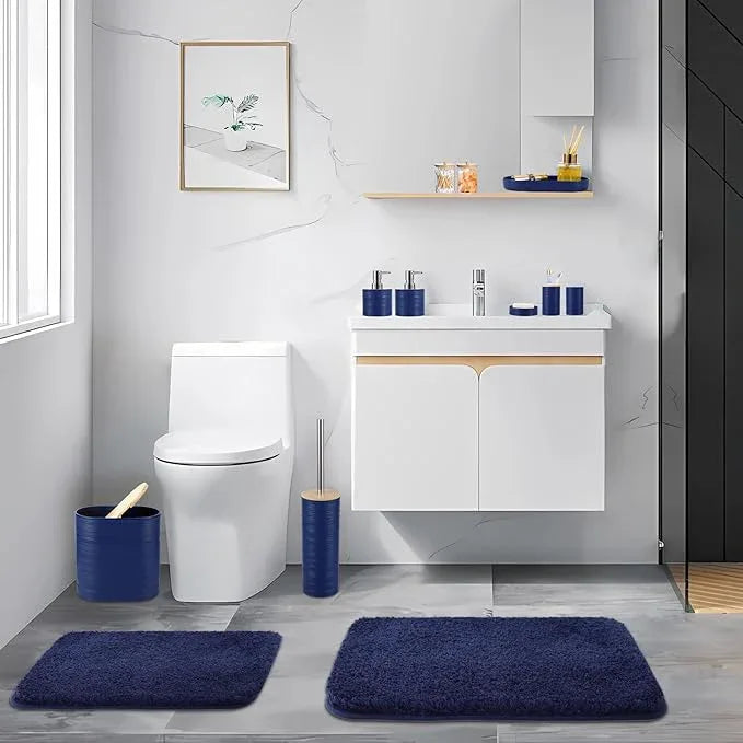 XLHOMO Bathroom Set - Navy Blue Bathroom Accessories Set, Bathroom Sets with Shower Curtain and Rugs, 25PC Shower Curtain Set with Hooks, Soap Dispenser, Soap Dish, Toilet Brush Holder and Trash Can - ModernBath