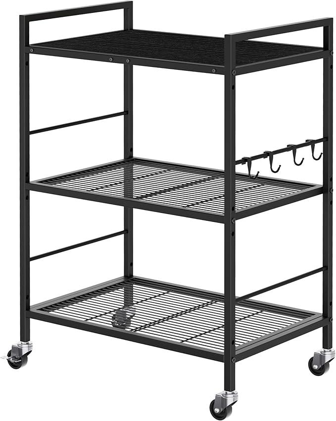 3-Tier Metal Storage Rack with Industrial Wheels,Mesh Shelving Unit with Wooden Table top,Adjustable Shelf,23.6-Inch Width,15.8-Inch Depth, for Kitchen, Laundry,Pantry,Plant,Black panel - ModernBath