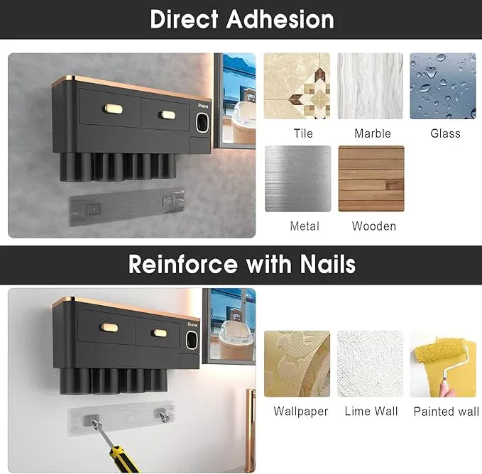 iHave Toothbrush Holders Wall Mounted with Toothpaste Dispenser & 4 Cups - Luxury Black and Gold Design for Bathroom Decor, All-in-One Bathroom Organizers & Storage for Toothbrushes and Accessories - ModernBath